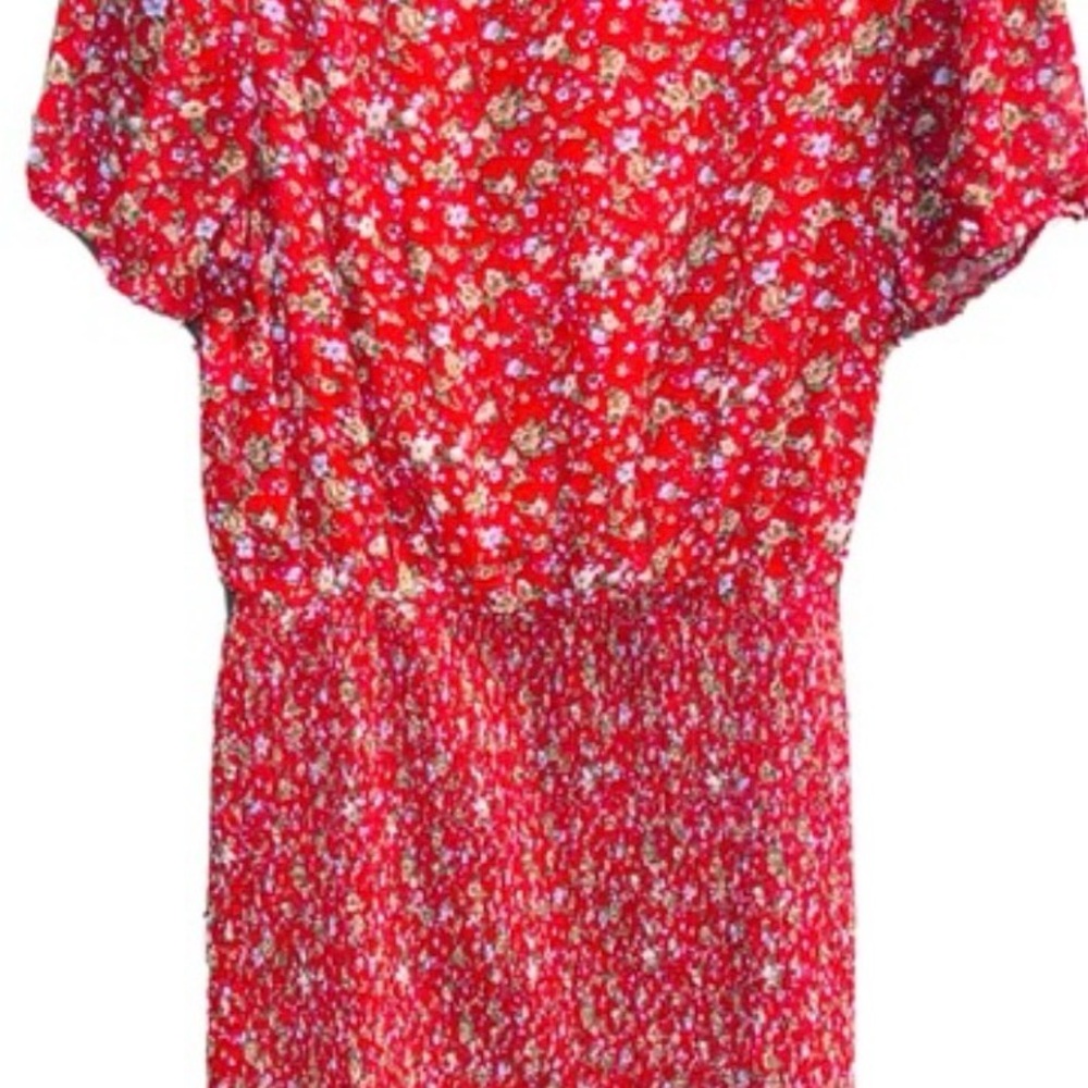 Urban Outfitters RED floral dress short cap sleeve  ruched skirt size XS NWT